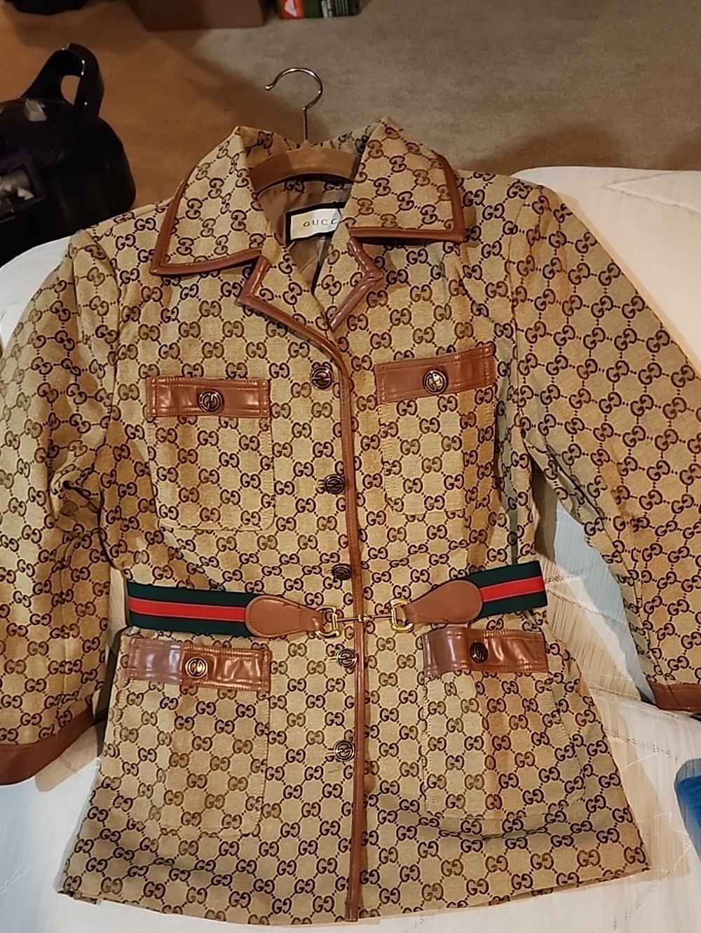Designer Tan GG Monogram Leather-Trim Belted Blazer